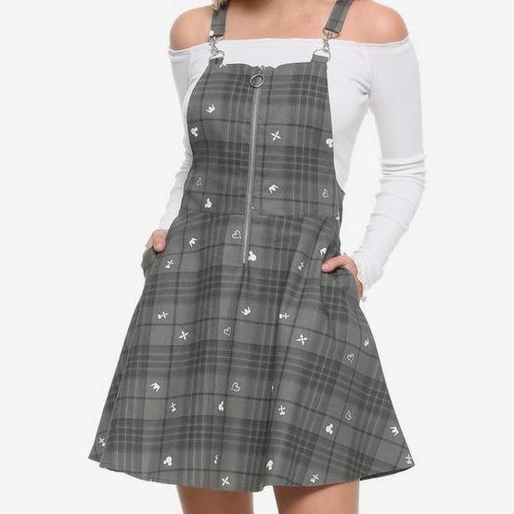 Hot Topic Disney Plaid O-Ring Skirtall Overall Mini Dress Jr Size Large